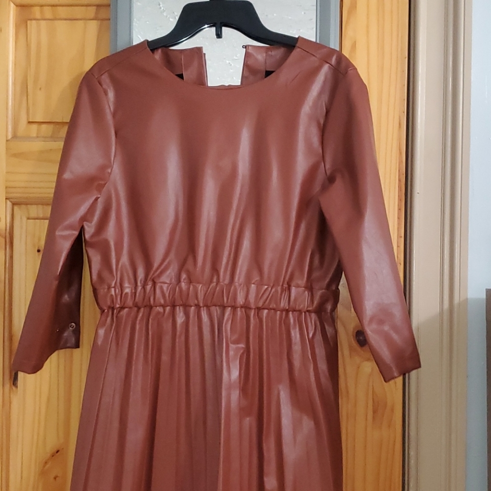 Brown leather middi dress